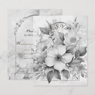 Zwart en wit monotone witte rozen gouden lijst RSVP kaartje