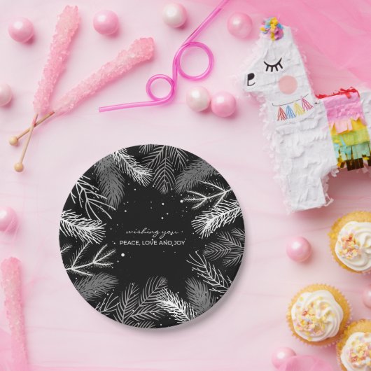 Zwart en wit pijnboomblad met sneeuw papieren bordje (Feest)