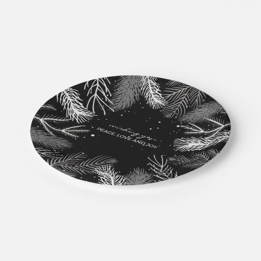 Zwart en wit pijnboomblad met sneeuw papieren bordje (Gekanteld)