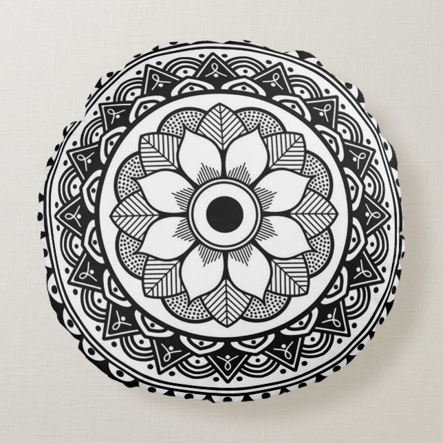 Zwart en wit rond medaillon kussen (Voorkant)