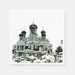 Zwart en wit schets kerk papieren servet
