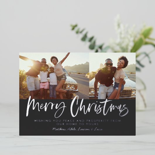 Zwart en wit script, smakelijk kerstfeest multi-fo folie feestdagenkaart (Staand Voorkant)