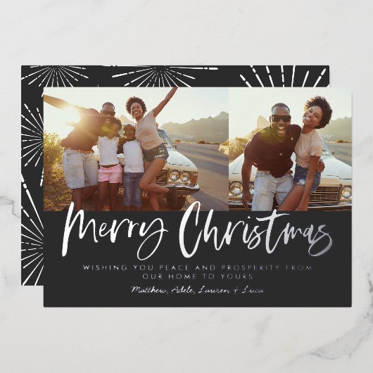 Zwart en wit script, smakelijk kerstfeest multi-fo folie feestdagenkaart (Voorkant / Achterkant)