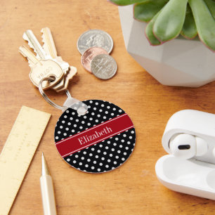 Zwart en Wit Stippen Cranberry Naam Initiaal Sleutelhanger