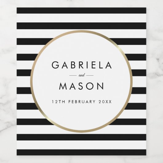 Zwart en Wit Streep Chic Gouden Trouw Wijn Etiket (Enkel label)