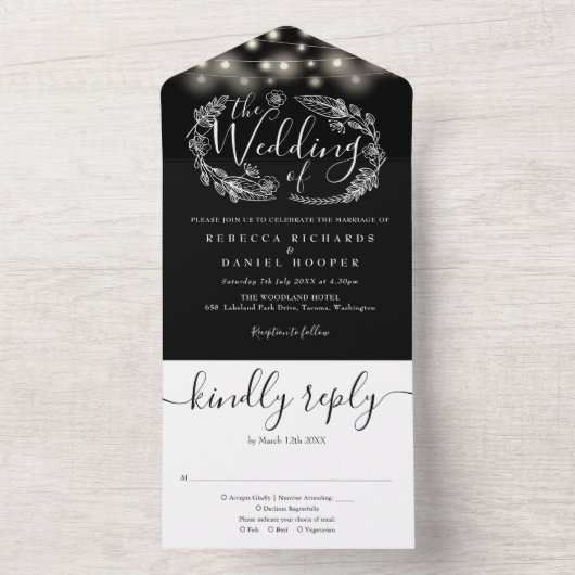 Zwart en wit strijklicht all in one uitnodiging (Binnen)