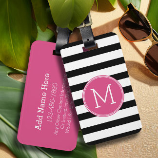 Zwart en wit Striped Patroon Hot Pink Monogram Bagagelabel