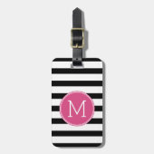 Zwart en wit Striped Patroon Hot Pink Monogram Bagagelabel (Voorkant verticaal)
