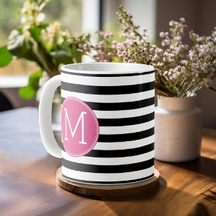 Zwart en wit Striped Patroon Hot Pink Monogram Koffiemok