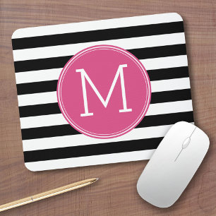 Zwart en wit Striped Patroon Hot Pink Monogram Muismat