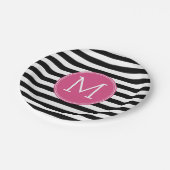 Zwart en wit Striped Patroon Hot Pink Monogram Papieren Bordje (Gekanteld)
