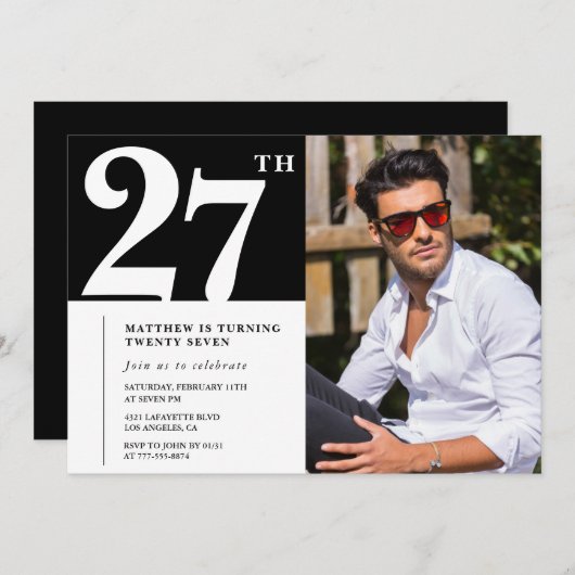 Zwart en Wit uitnodigingen voor 27e verjaardag (Voorkant / Achterkant)