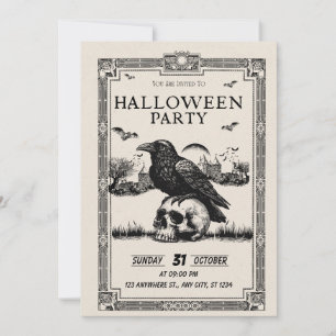 Zwart en wit vintage Halloween-feestuitnodiging Kaart