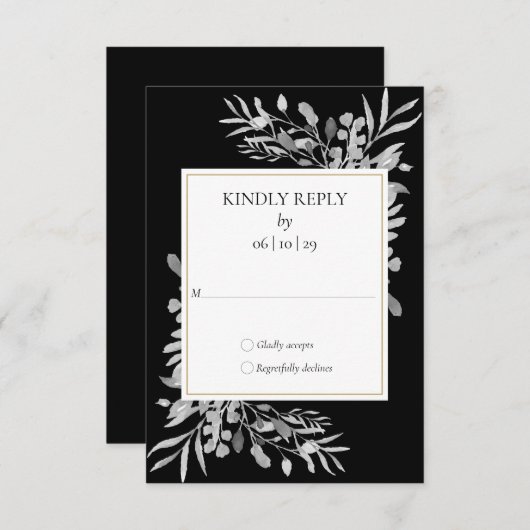 Zwart en wit waterverf gebladerte goud RSVP kaartje (Voorkant / Achterkant)