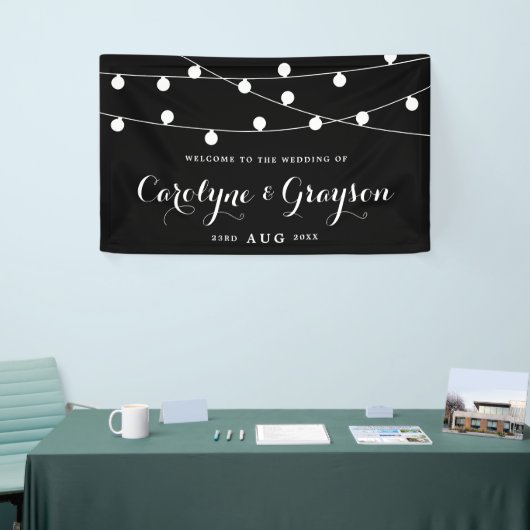 Zwart en wit | Whimsical Fairy Lights Wedding Spandoek (Beurs)