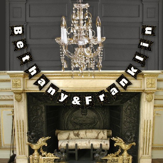 Zwart en wit willekeurig gouden stippenpatroon bru vlaggetjes