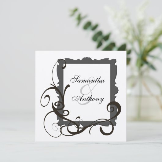 Zwart en Wit Zilver Swirl Bruiloft Uitnodigingen (Staand voorkant)