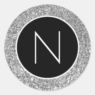 Zwart en wit zilveren glitters monogram ronde sticker