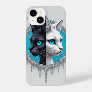 Zwart en Witte Kat Gesplitst Portret Met Blauwe Og iPhone 14 Hoesje