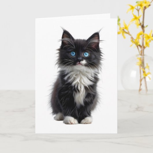 Zwart en Witte Langharige Kat Blauwe Ogen Leeg Kaart (Gele Bloem)