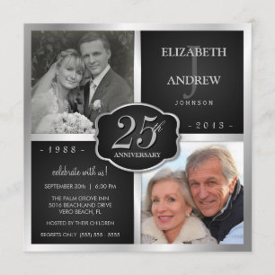 Zwart en zilver 25th Wedding Jubileum Kaart