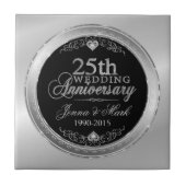 Zwart en zilver 25th Wedding Jubileum Tegeltje (Voorkant)