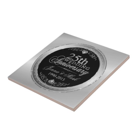 Zwart en zilver 25th Wedding Jubileum Tegeltje (Zijkant)