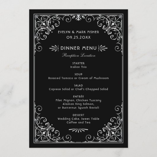 zwart en zilver Art Deco bruiloft diner Menu (Voorkant)