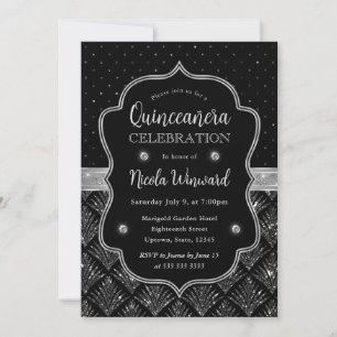 Zwart en Zilver Art Deco Glitter Quinceanera Kaart