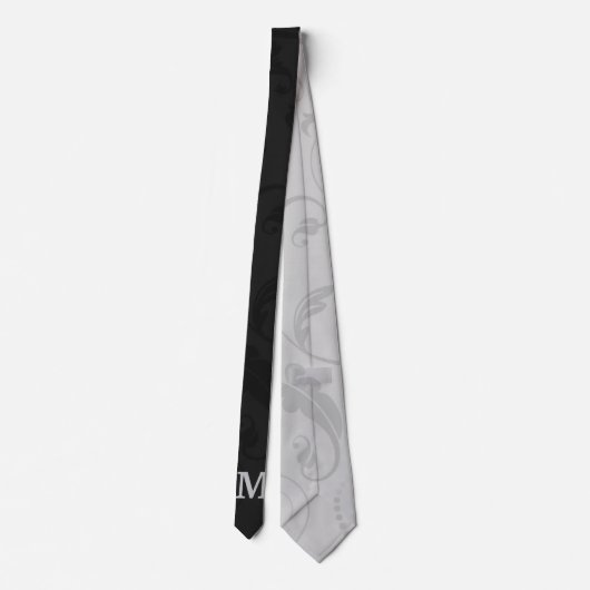 Zwart en zilver Damask met monogram Stropdas (Achterkant)