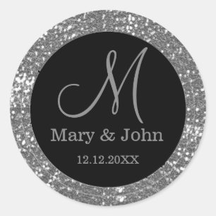 Zwart en Zilver Glitter Bruiloft Monogram Ronde Sticker