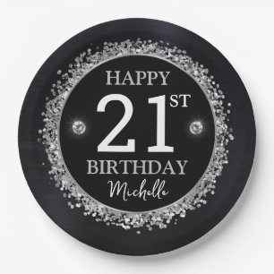 Zwart en Zilver Glitter Confetti Verjaardag Papieren Bordje