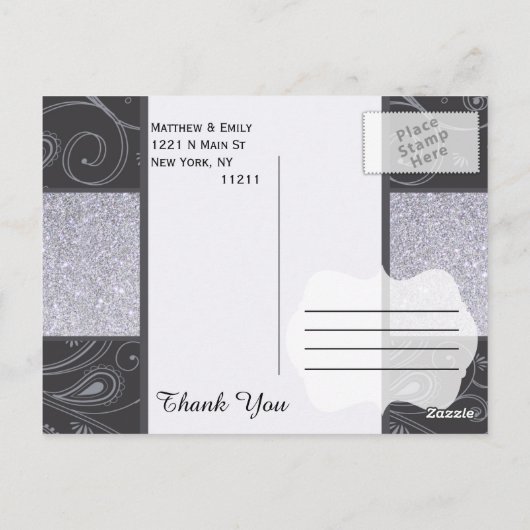 Zwart en Zilver Glitter en wervelingen Ontwerp Briefkaart (Achterkant)