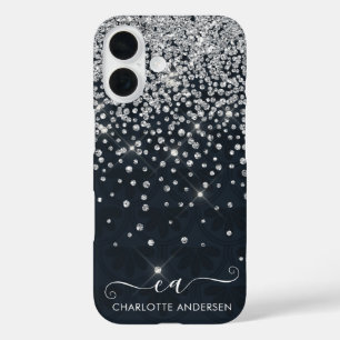 Zwart en zilver Glitter Jeweled Monogram Naam iPhone 16 Hoesje