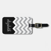 Zwart en zilver Glitter Print Chevron en naam Bagagelabel (Voorkant horizontaal)