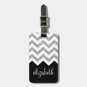Zwart en zilver Glitter Print Chevron en naam Bagagelabel (Voorkant verticaal)