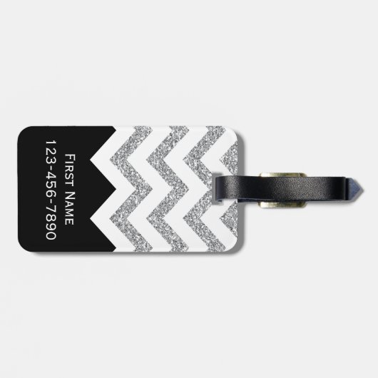 Zwart en zilver Glitter Print Chevron en naam Bagagelabel (Achterkant horizontaal)