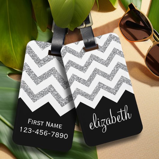Zwart en zilver Glitter Print Chevron en naam Bagagelabel