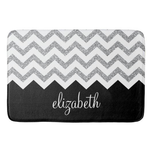 Zwart en zilver Glitter Print Chevrons en naam Badmat (Voorkant)