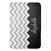 Zwart en zilver Glitter Print Chevrons en naam Badmat (Voorkant Verticaal)