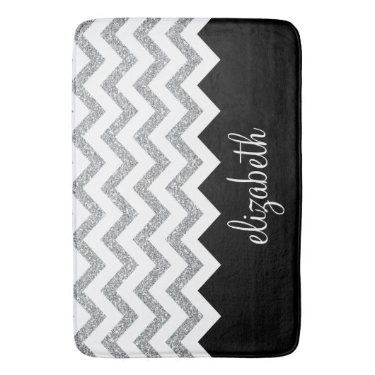 Zwart en zilver Glitter Print Chevrons en naam Badmat (Voorkant Verticaal)