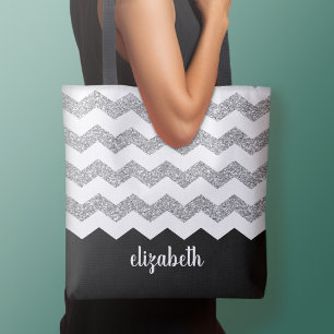Zwart en zilver Glitter Print Chevrons en naam Draagtas