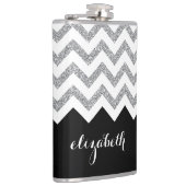 Zwart en zilver Glitter Print Chevrons en naam Heupfles (Rechts)