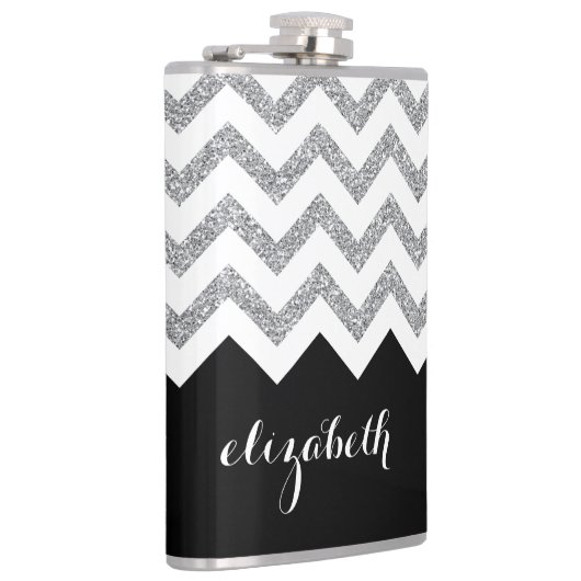 Zwart en zilver Glitter Print Chevrons en naam Heupfles (Rechts)