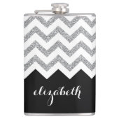 Zwart en zilver Glitter Print Chevrons en naam Heupfles (Voorkant)