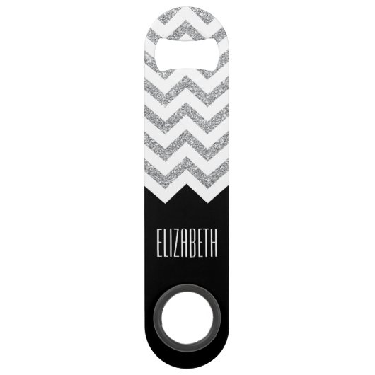 Zwart en zilver Glitter Print Chevrons en naam Speed Flessenopener (Achterkant)
