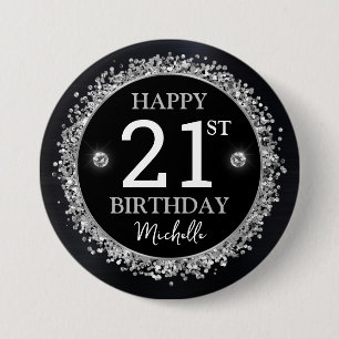 Zwart en zilver glitterconfetti verjaardag ronde button 7,6 cm