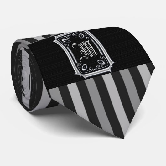 Zwart en Zilver Grijze Strepen gesp Monogram Stropdas (Opgerold)
