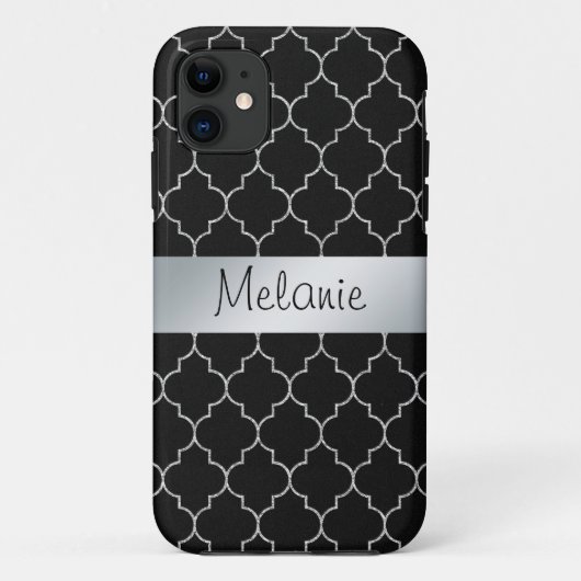 Zwart en zilver Monogram Patroon iPhone Case (Achterkant)