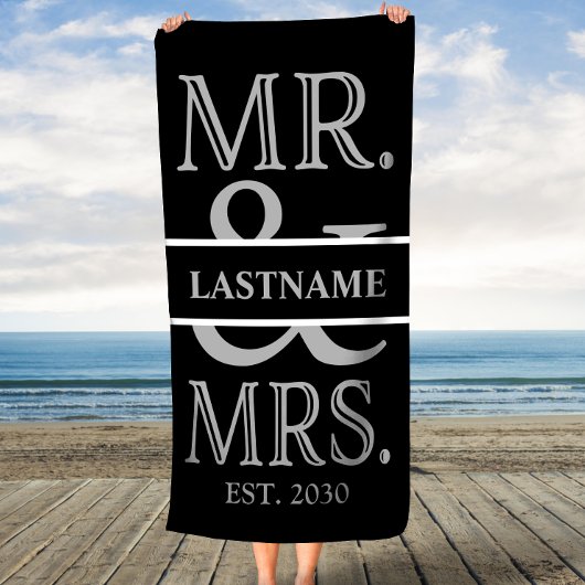 Zwart en zilver Mr. Mrs. gepersonaliseerd Strandlaken